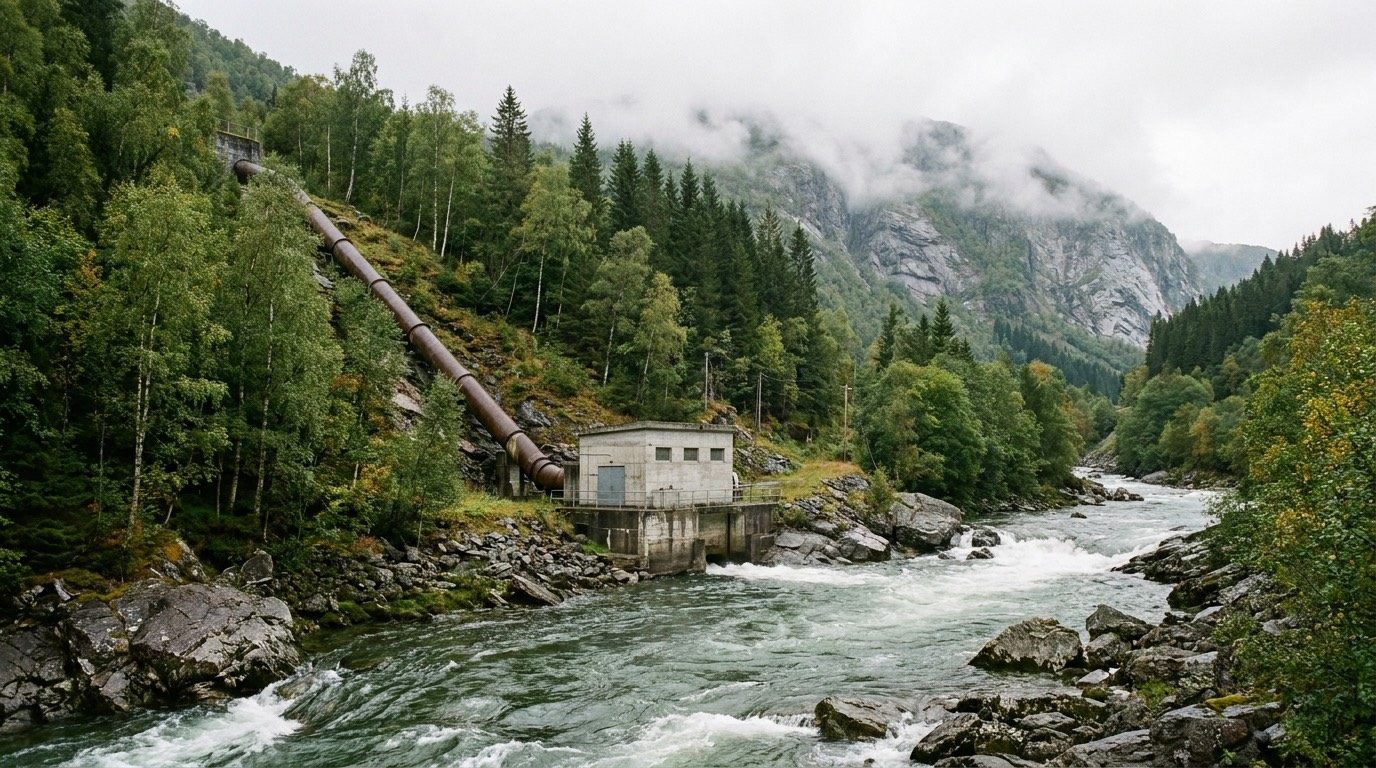 The Kvitfoss powerhouse and penstock beside the river